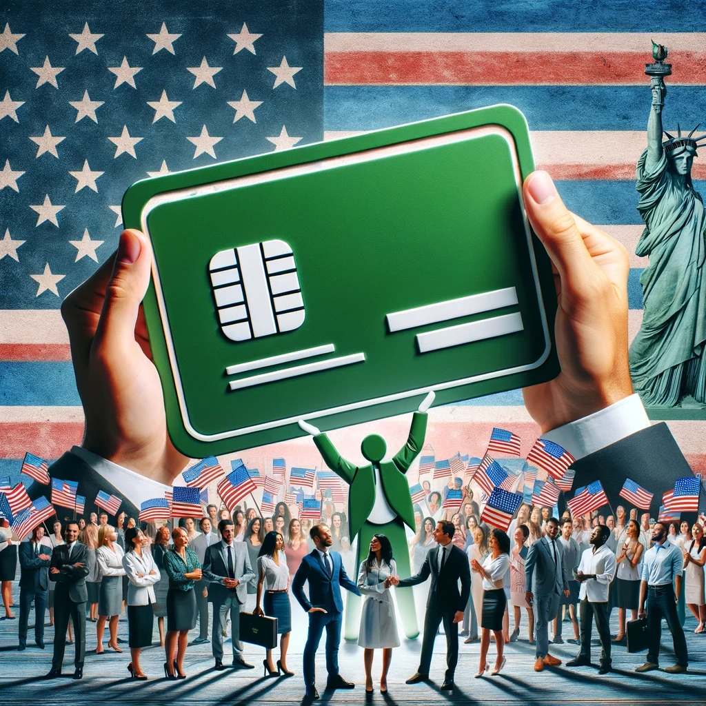 Diverse group of individuals holding a large symbolic green card, with the Statue of Liberty and the U.S. flag in the background, representing their collective journey towards U.S. residency.
