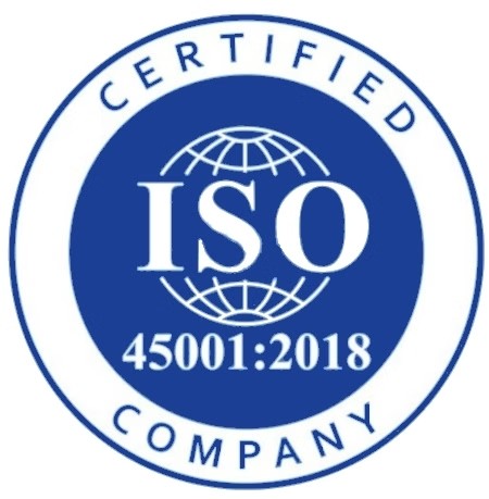 ISO 45001:2018 Certified Company badge in blue and white, representing compliance with international occupational health and safety management standards.