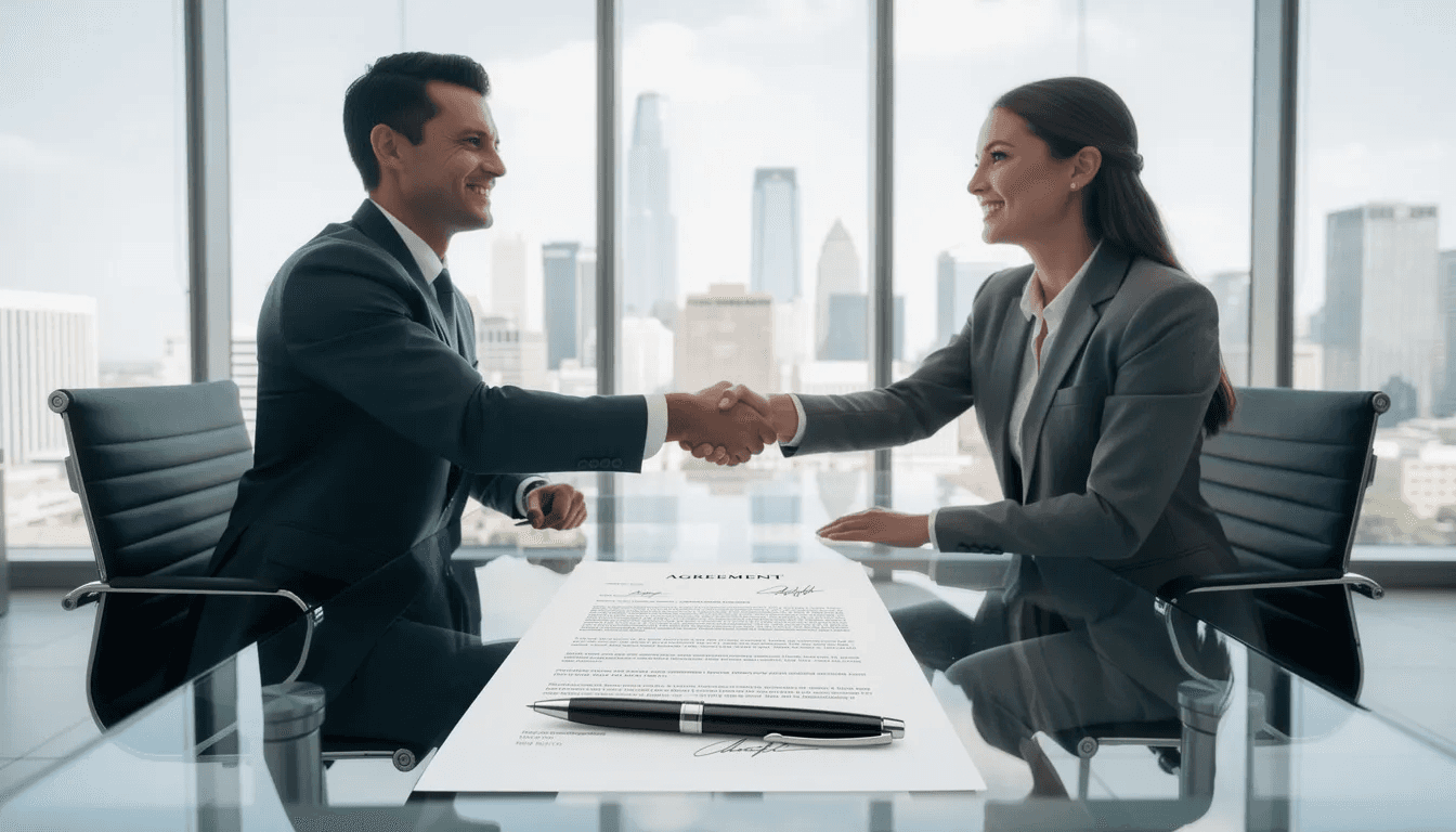 The image depicts two business professionals shaking hands after signing a contract, symbolizing the formal agreement and mutual understanding between the parties involved. This interaction illustrates the importance of executing documents in a legal context, often relevant in trust law and business transactions.