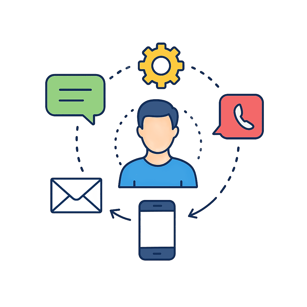 Illustration depicting marketing automation and communication connections. A central figure (user) is surrounded by four icons connected by a dashed, circular line with arrows, representing automated interactions. The icons are: a green chat bubble, a yellow cog/gear (representing automation/settings), a red phone handset inside a speech bubble (for calls), and a blue envelope (for email). Below the figure is a stylized smartphone.