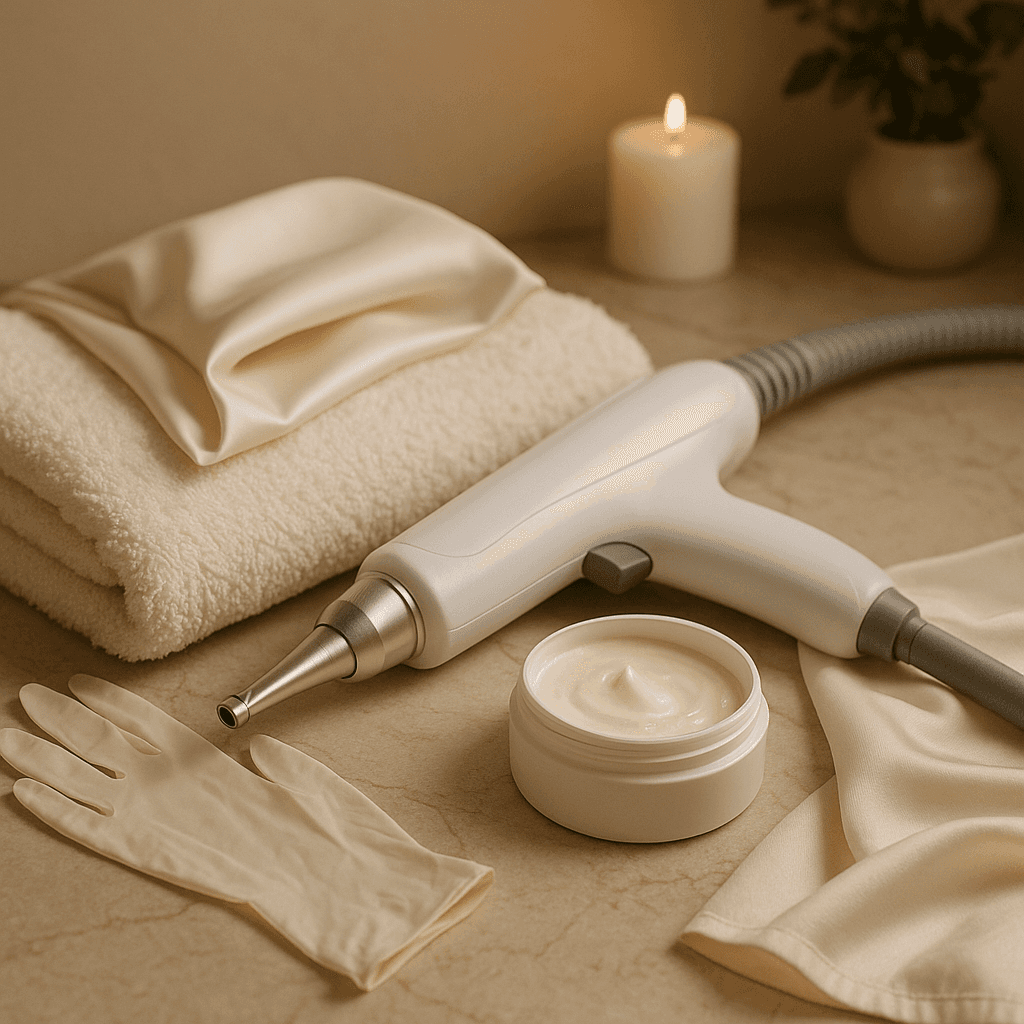 A woman lying down with a towel wrapped around her head, her face glowing with facial oil. She has a peaceful expression, enjoying a skincare treatment.