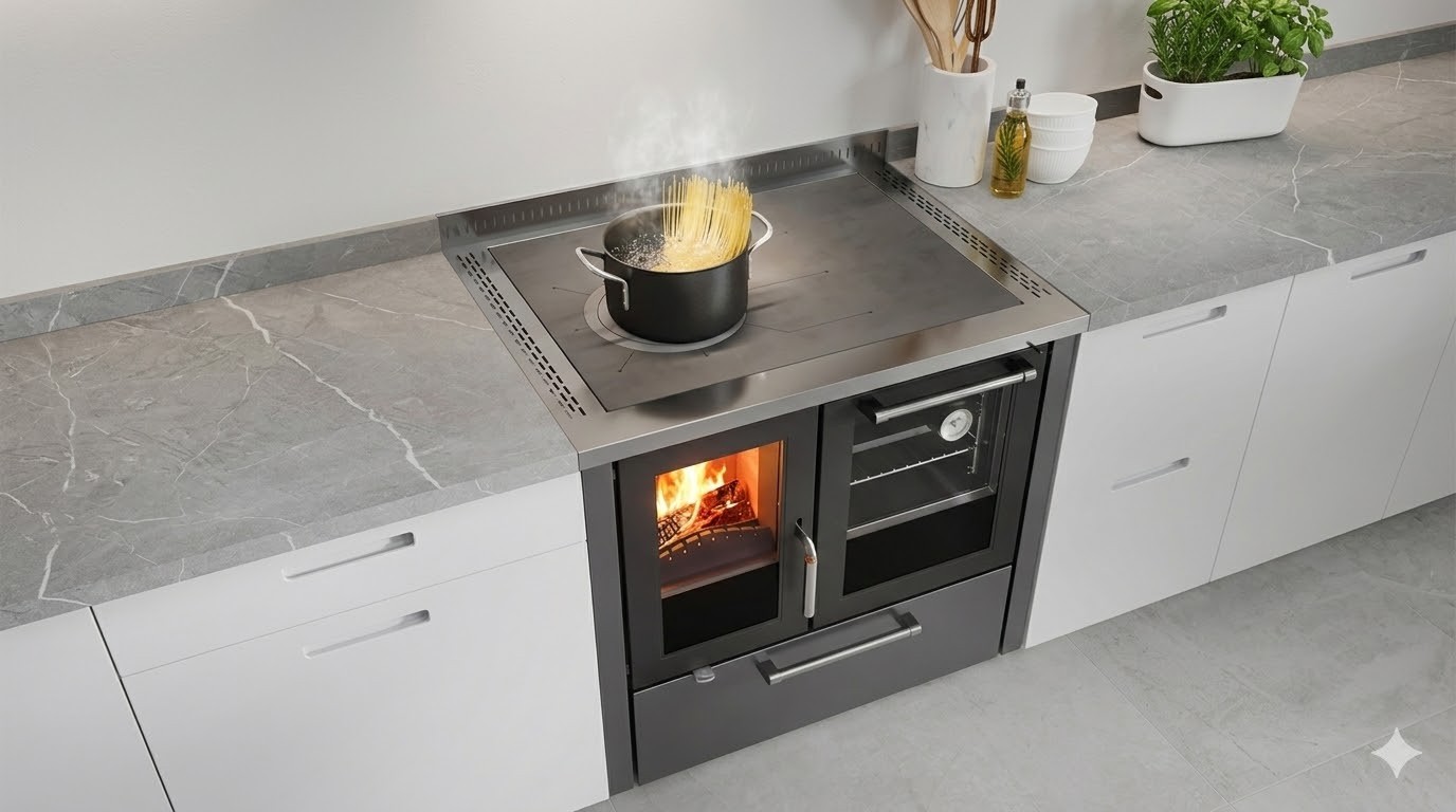 Cucina economica a legna moderna con piano cottura in acciaio e pentola per cottura pasta