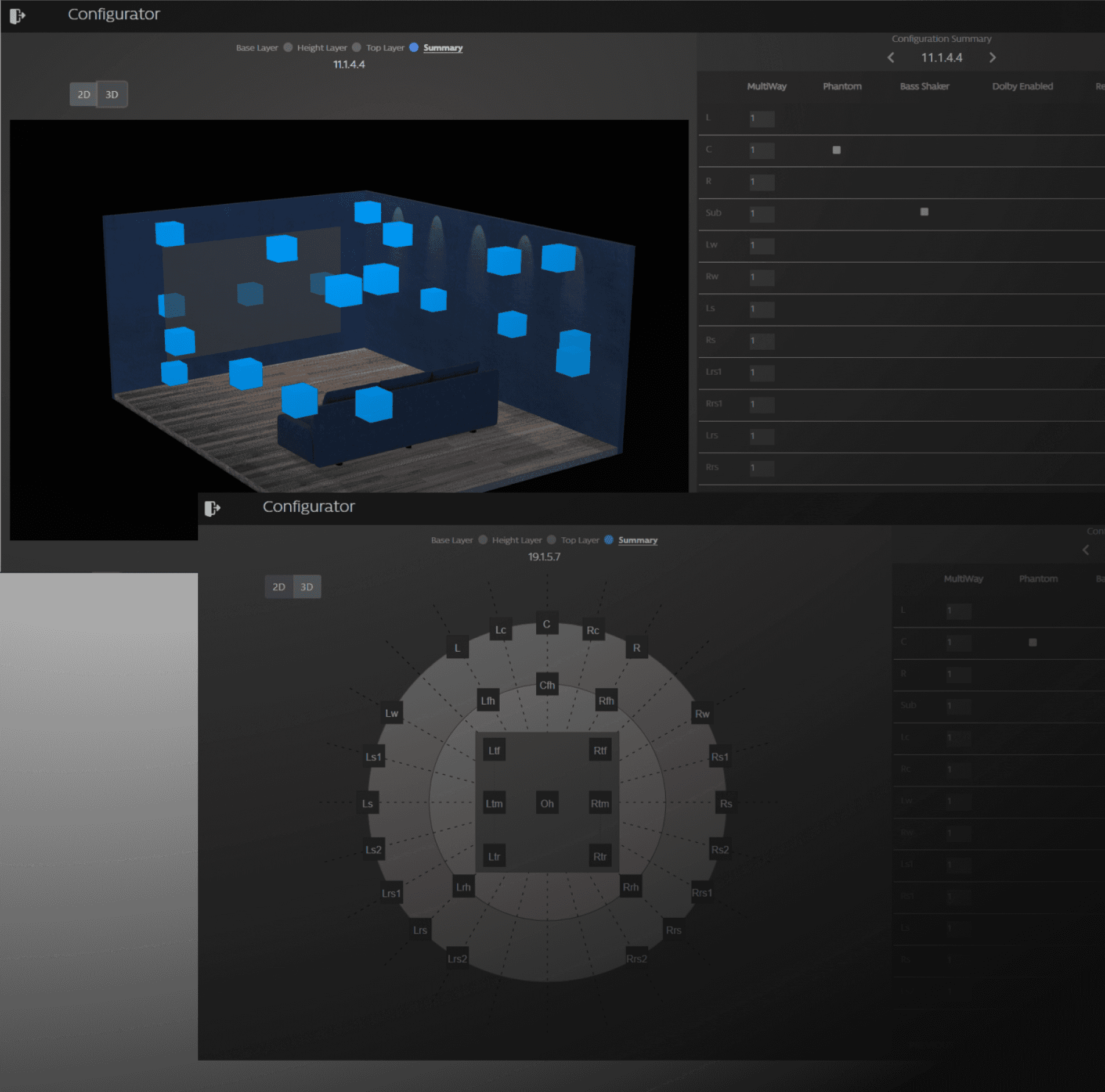 Configurator showing 3D speaker layout and diagram