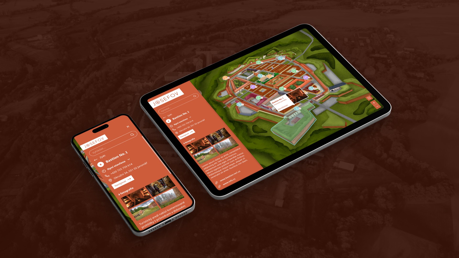 Telefon a tablet zobrazující mapu Živý Josefov