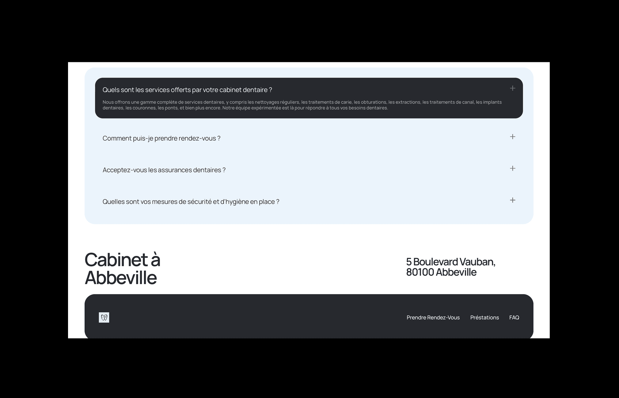 Section FAQ du site web du Cabinet Dentaire Jollant avec des questions et réponses sur les services offerts
