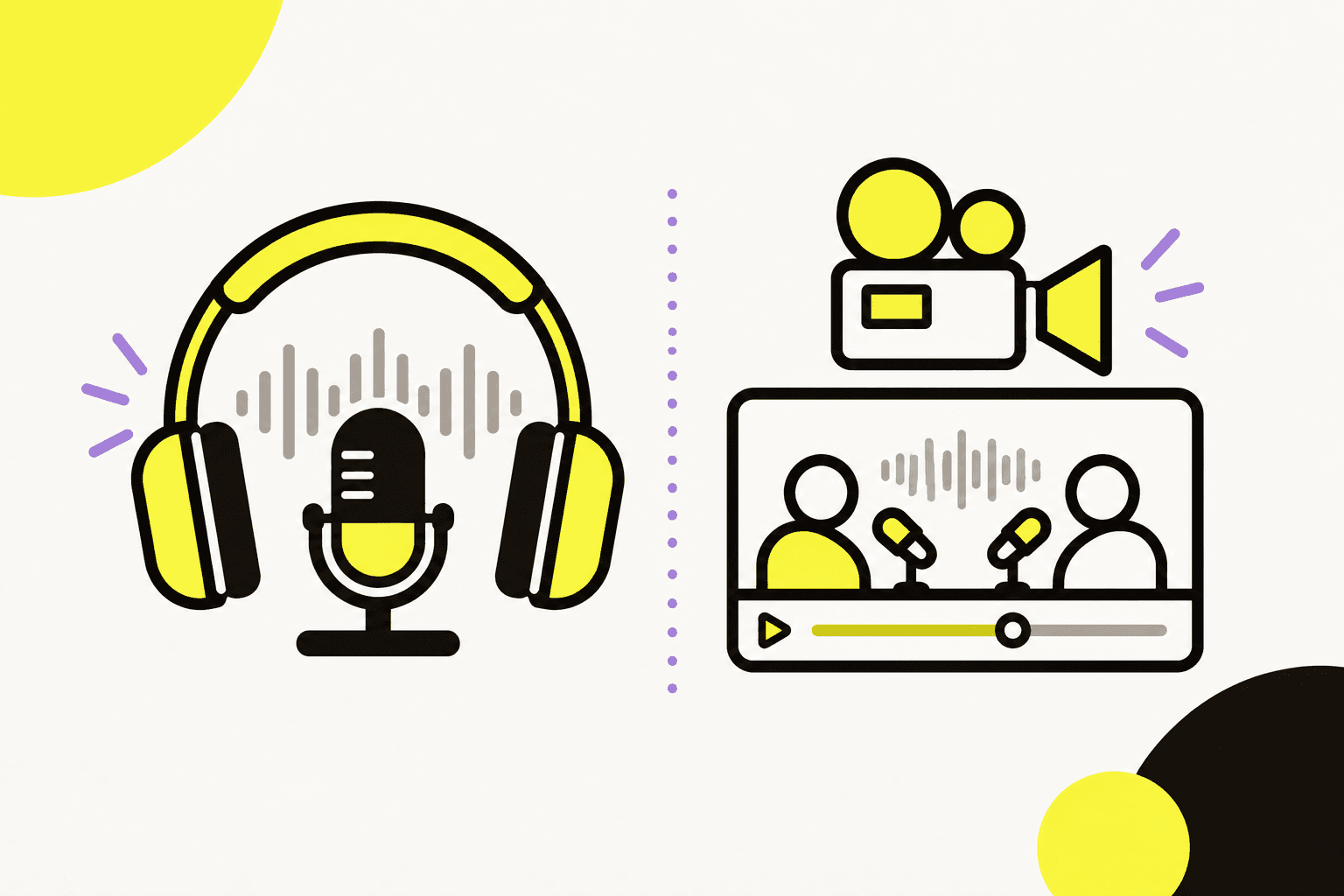 Comparaison de deux formats de podcast : casque et onde sonore pour l’audio, caméra et écran pour la vidéo.