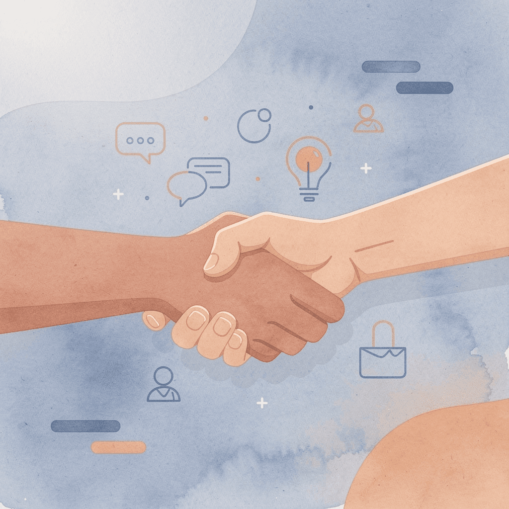 Business handshake scene with floating brand icons representing networking and visibility - Business T-Shirt Design Ideas