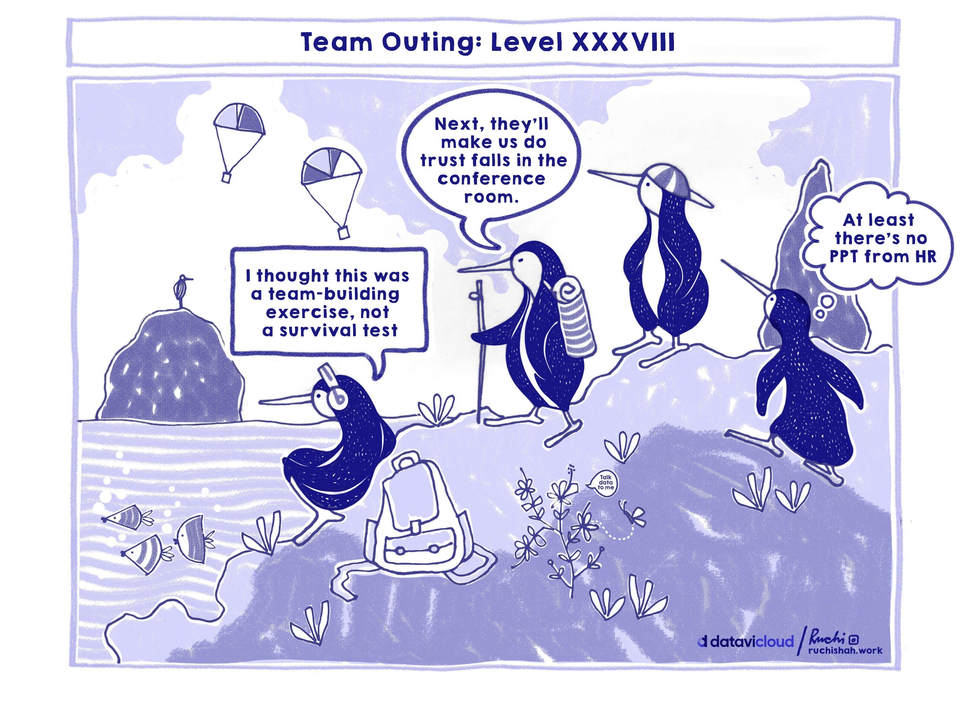 A satirical comic showing two penguins watching a nostalgic television screen that says "Gone With The Wind". One penguin asks, "What happened to our DEI program?" while the other explains that the budget was shifted to buy more AI tools. The comic is titled "Corporate DEI Efforts: Now Streaming, But Only for Nostalgia"