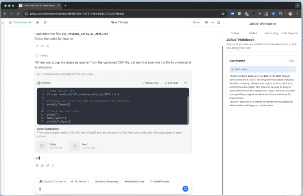 Julius AI analyzing uploaded CSV file with Python code and DataFrame preview in notebook view