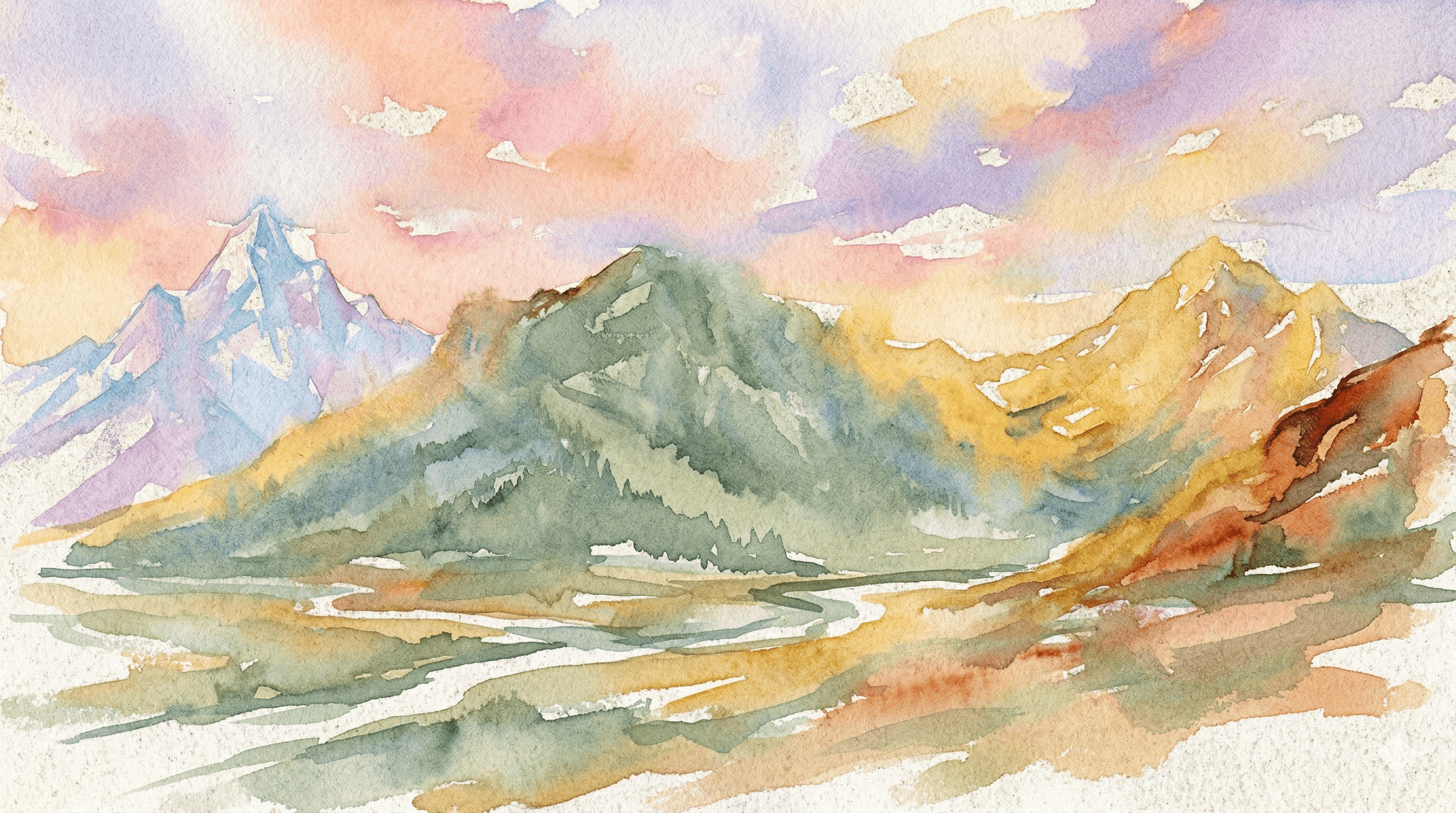 Watercolor three distinct mountain peaks connected by a flowing ridgeline