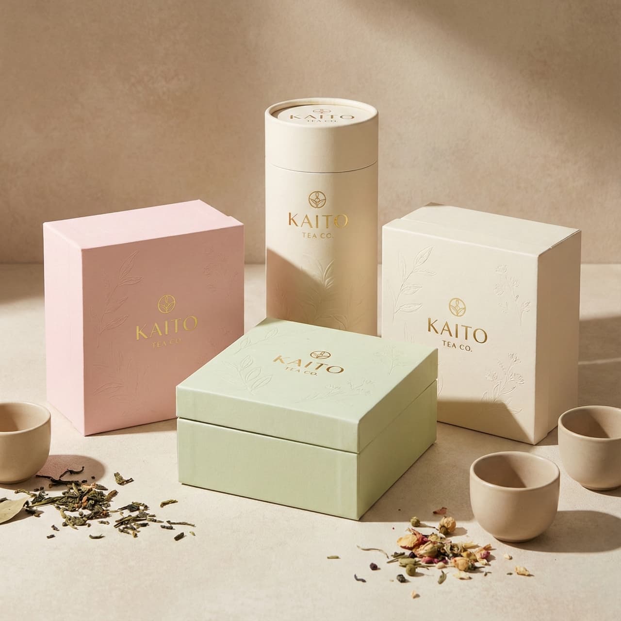 Four boxes on a flat surface