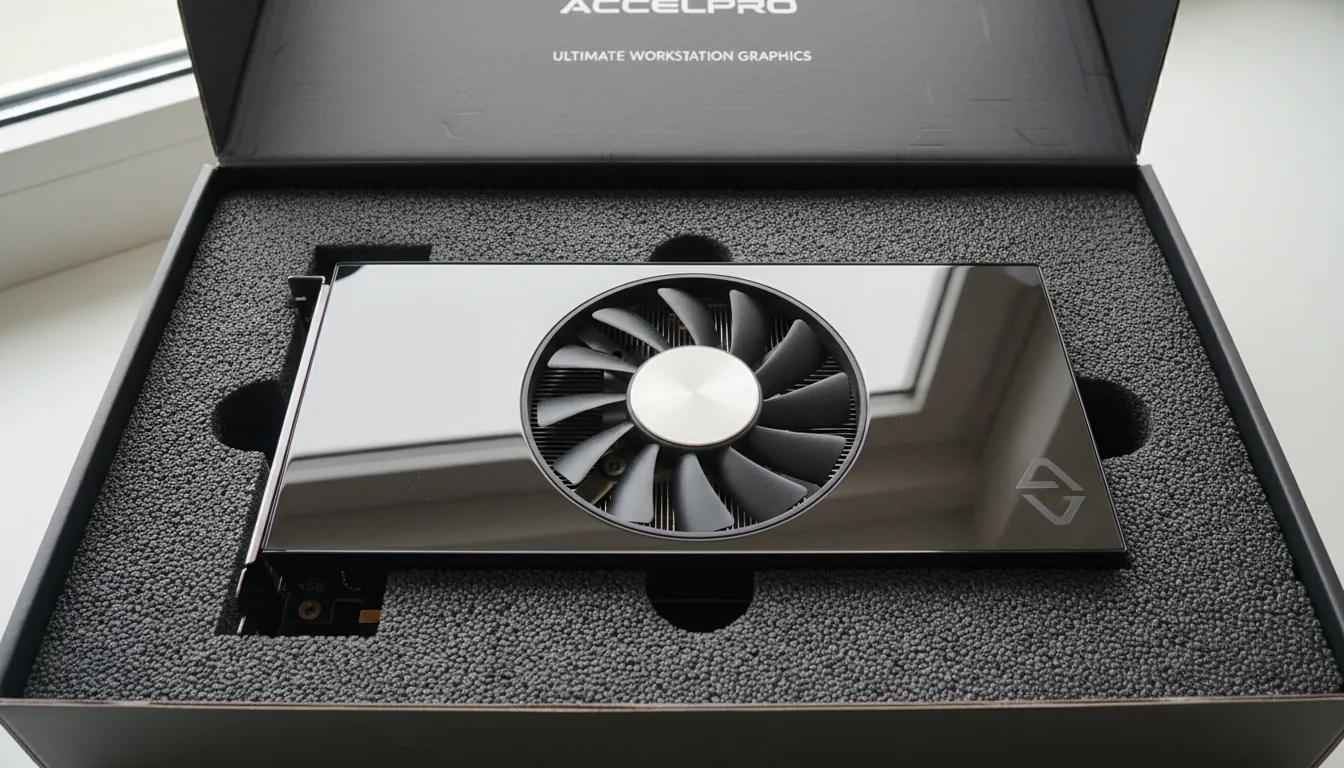 High-resolution DSLR photograph of a professional workstation GPU, showcased horizontally inside its original product packaging. The GPU features a sleek, dark reflective shroud and a prominent circular blower-style fan with a brushed metal center and detailed cooling fins. The card is resting in a precisely cut bed of textured, dark gray foam. The shot is captured from a slightly elevated, top-down perspective under bright, even natural daylight. Every detail is in sharp focus, from the metallic texture of the fan to the fine grain of the packaging material.