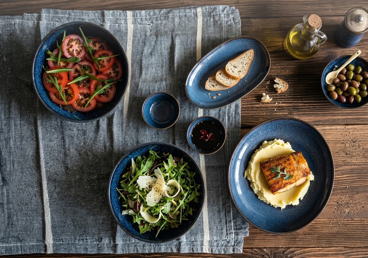 Vue du dessus d'une table en bois dressée avec une collection de céramiques bleu nuit à émaillage réactif, garnis de salade de tomates, roquette, poisson grillé et purée, avec pain, olives et huile d'olive