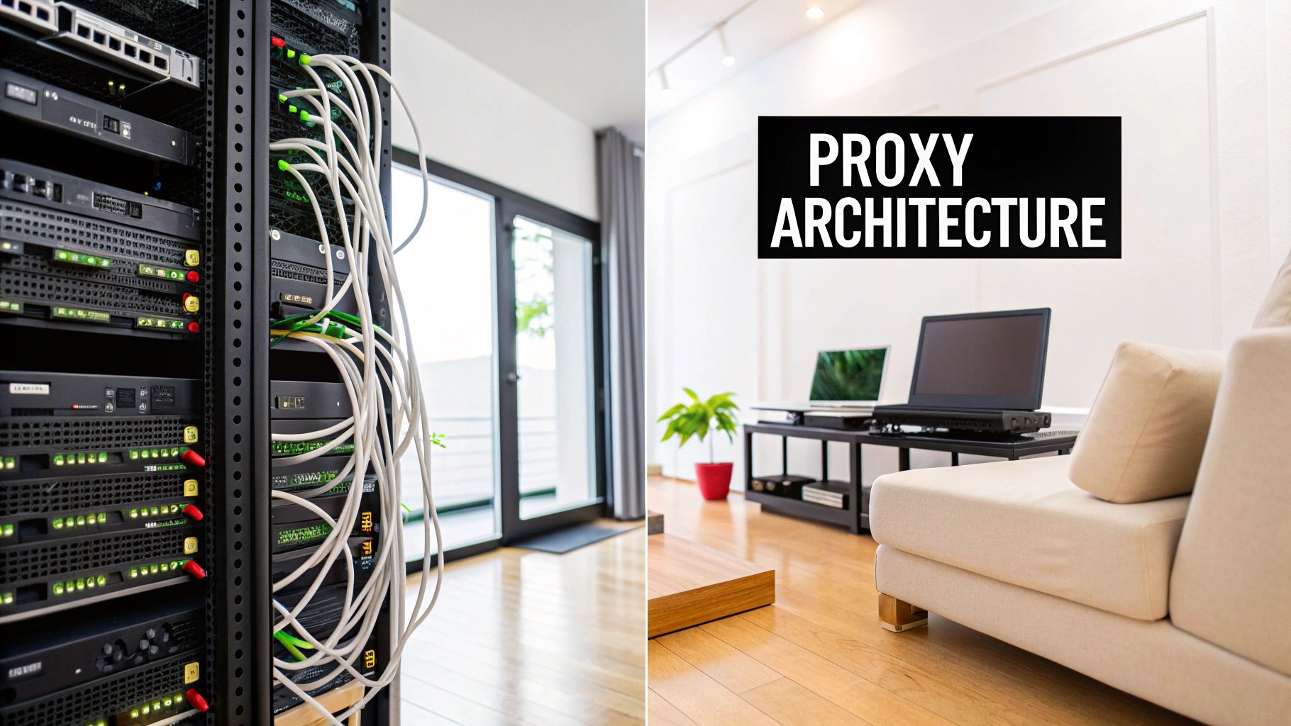 A server rack with network cables and blinking lights is juxtaposed with a modern living room, representing proxy architecture.