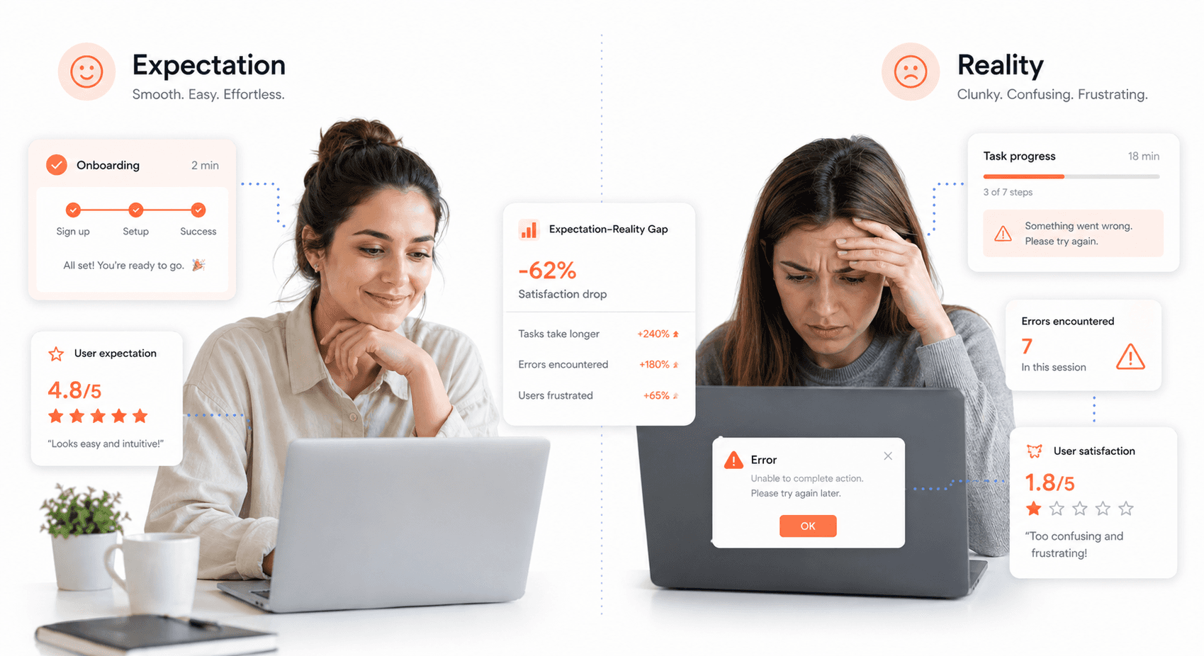 Split-screen comparison showing customer expectation versus clunky product reality with user experience gap analysis