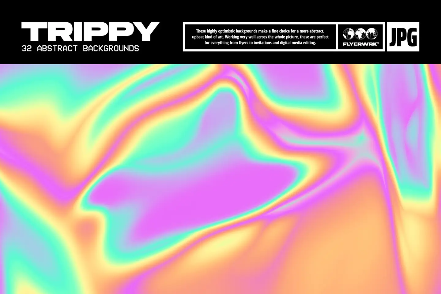 Trippy psychedelic backgrounds featuring abstract holographic textures with vibrant pink and yellow fluid gradients
