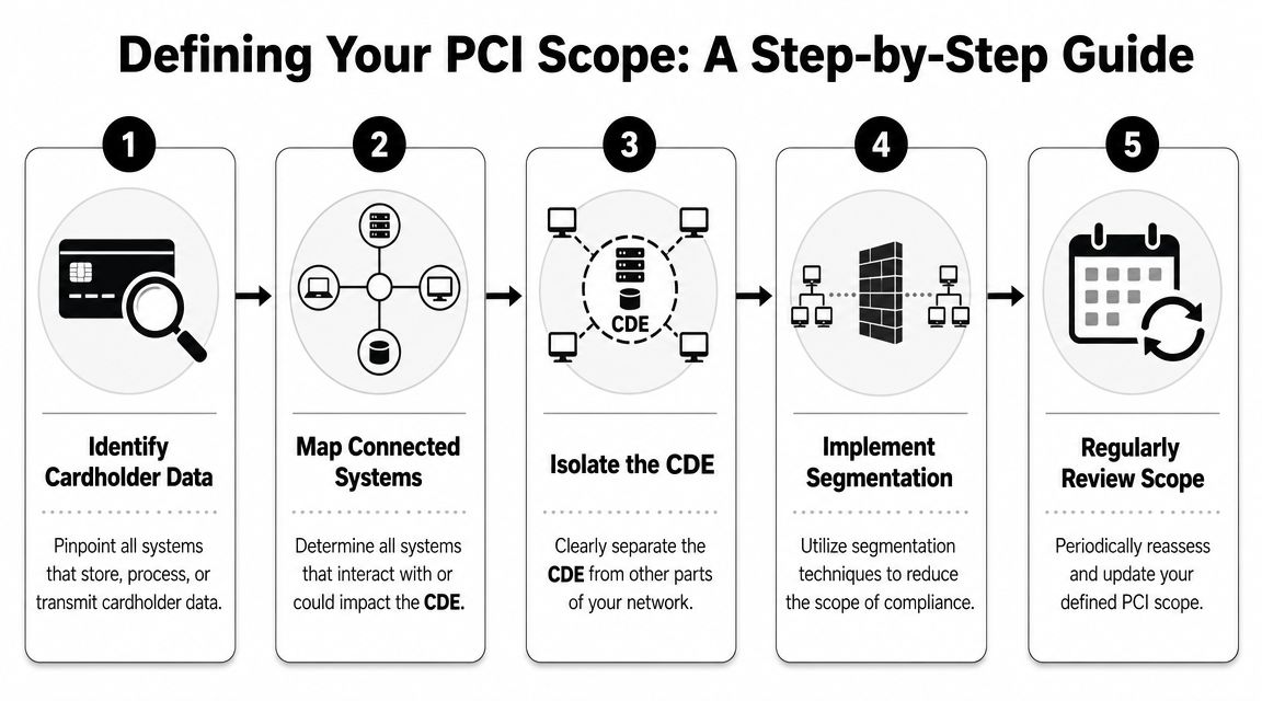 A five-step infographic showing the process for defining PCI compliance scope for businesses handling cardholder data.