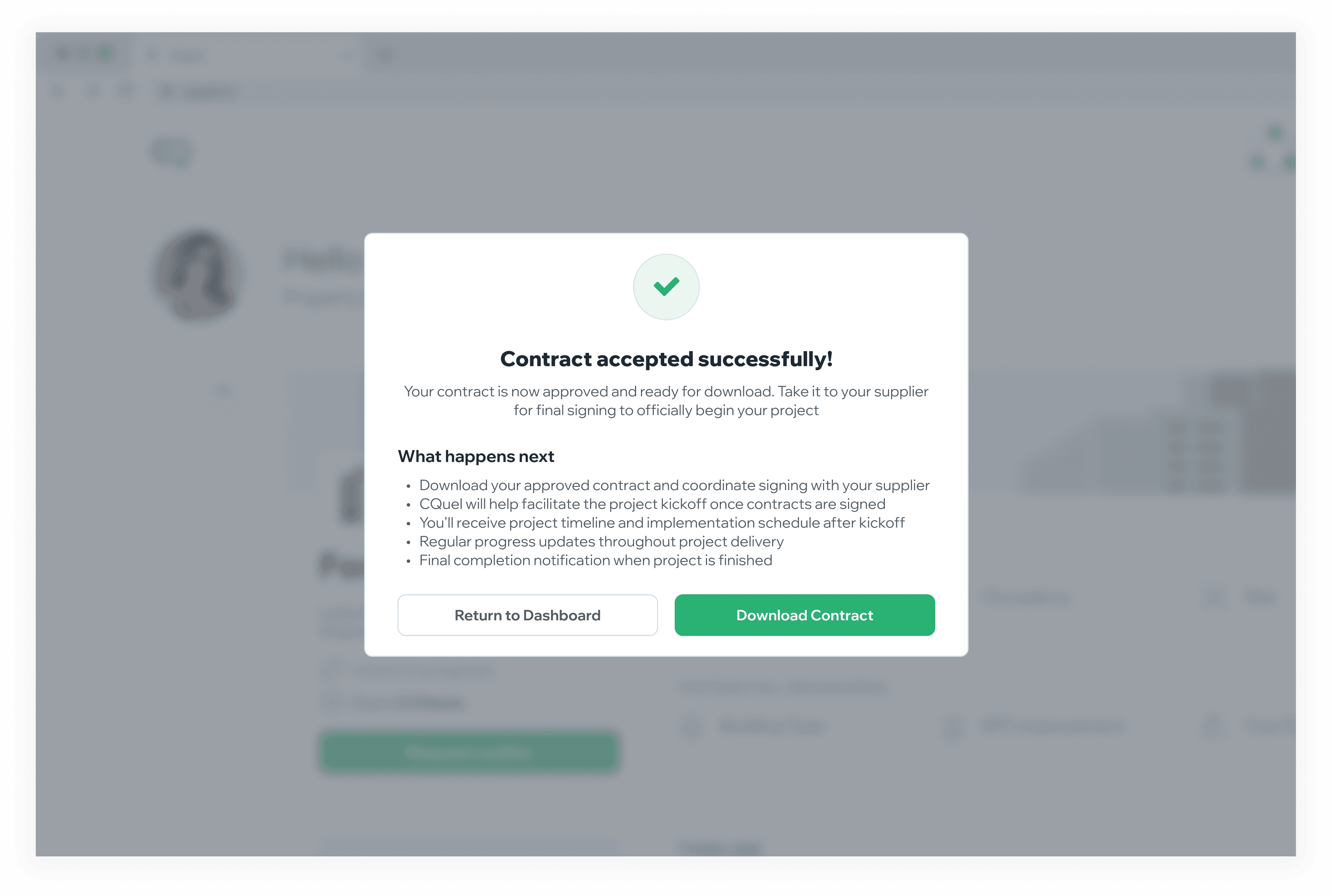 Success modal showing Contract accepted successfully with next steps checklist and Download Contract button