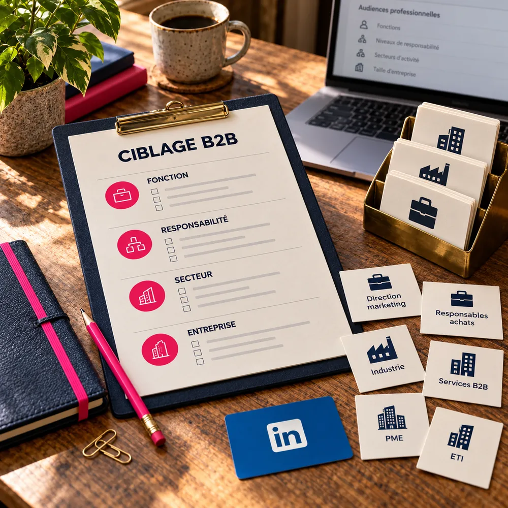Brief de ciblage LinkedIn B2B avec des critères de fonction, de responsabilité, de secteur et d’entreprise, accompagné de fiches professionnelles.