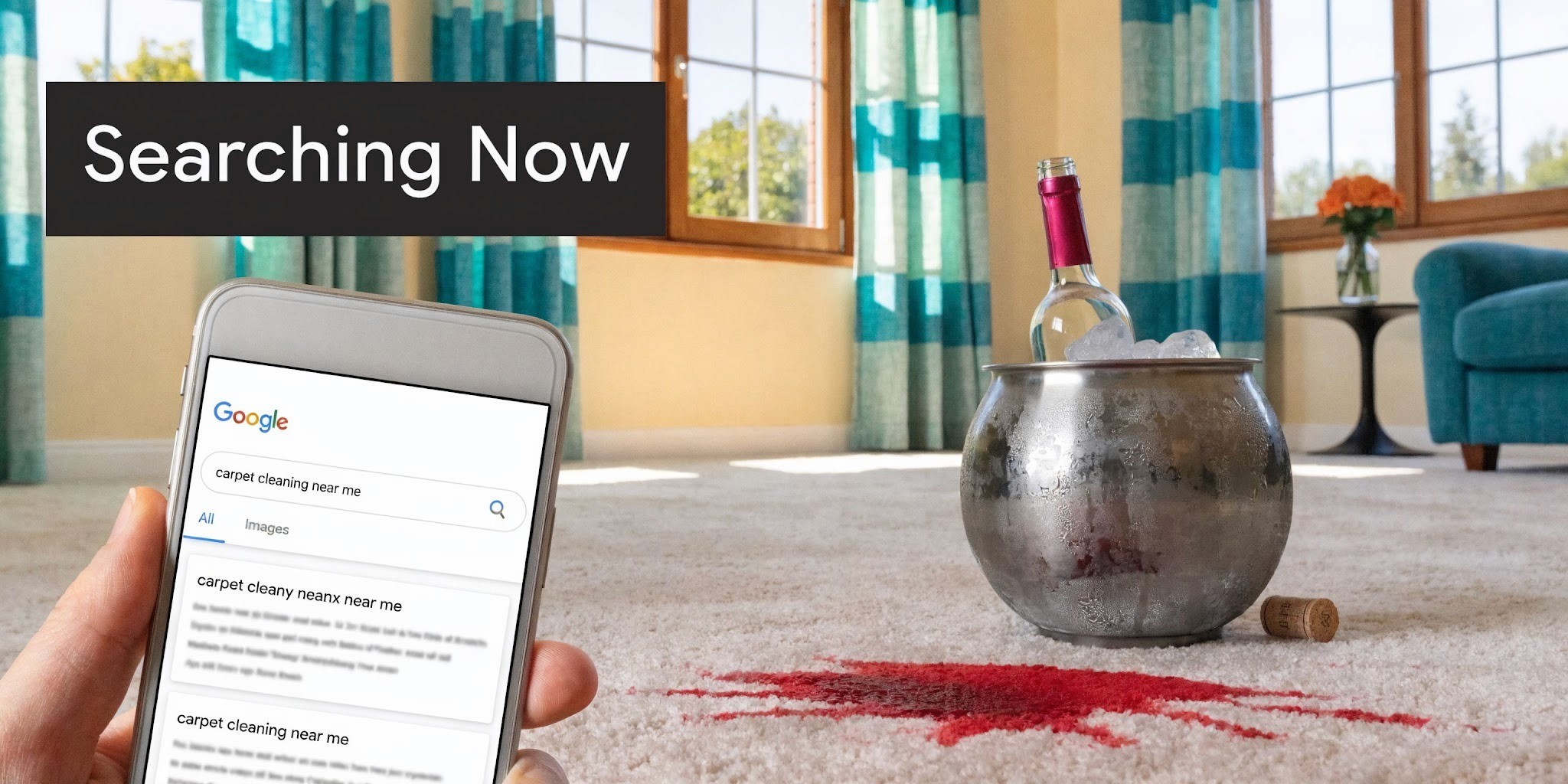 A hand holding a smartphone showing a Google search for carpet cleaning services after a red wine spill.