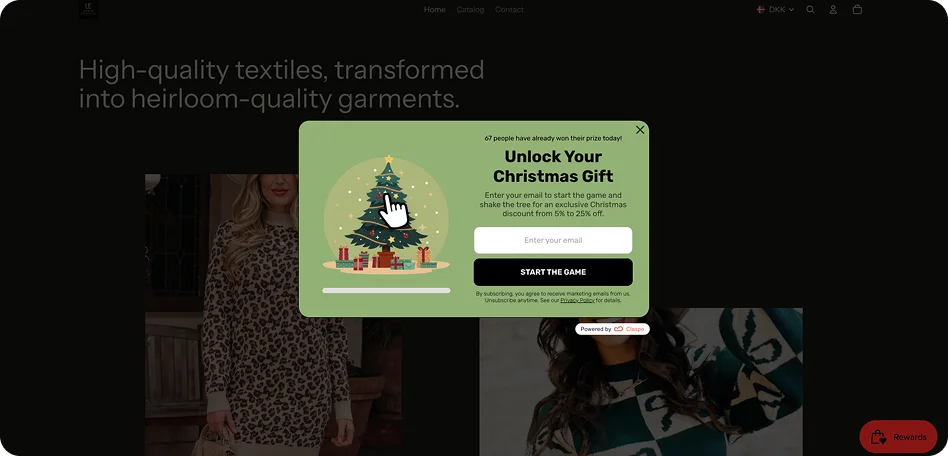 Interactive Christmas exit-intent popup featuring a Shake the Tree game by Claspo to offer exclusive holiday discounts and increase seasonal conversion rates