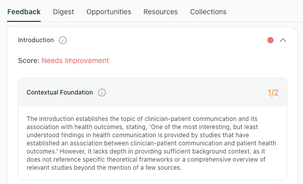 A screenshot of thesify's introduction feedback panel showing a "Needs Improvement" score for Contextual Foundation, highlighting a lack of theoretical depth in a draft.