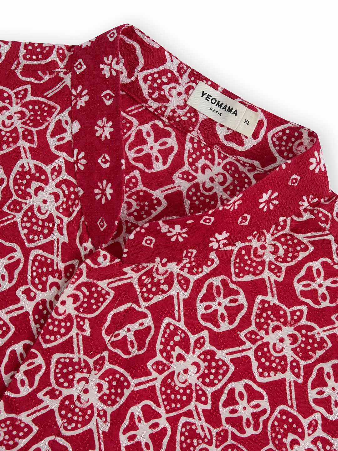 Photo of products from Yeomama® Batik, Mandarin Short Sleeve Shirt (Peranakan Petals - Red), shot against a white background by JU Productions