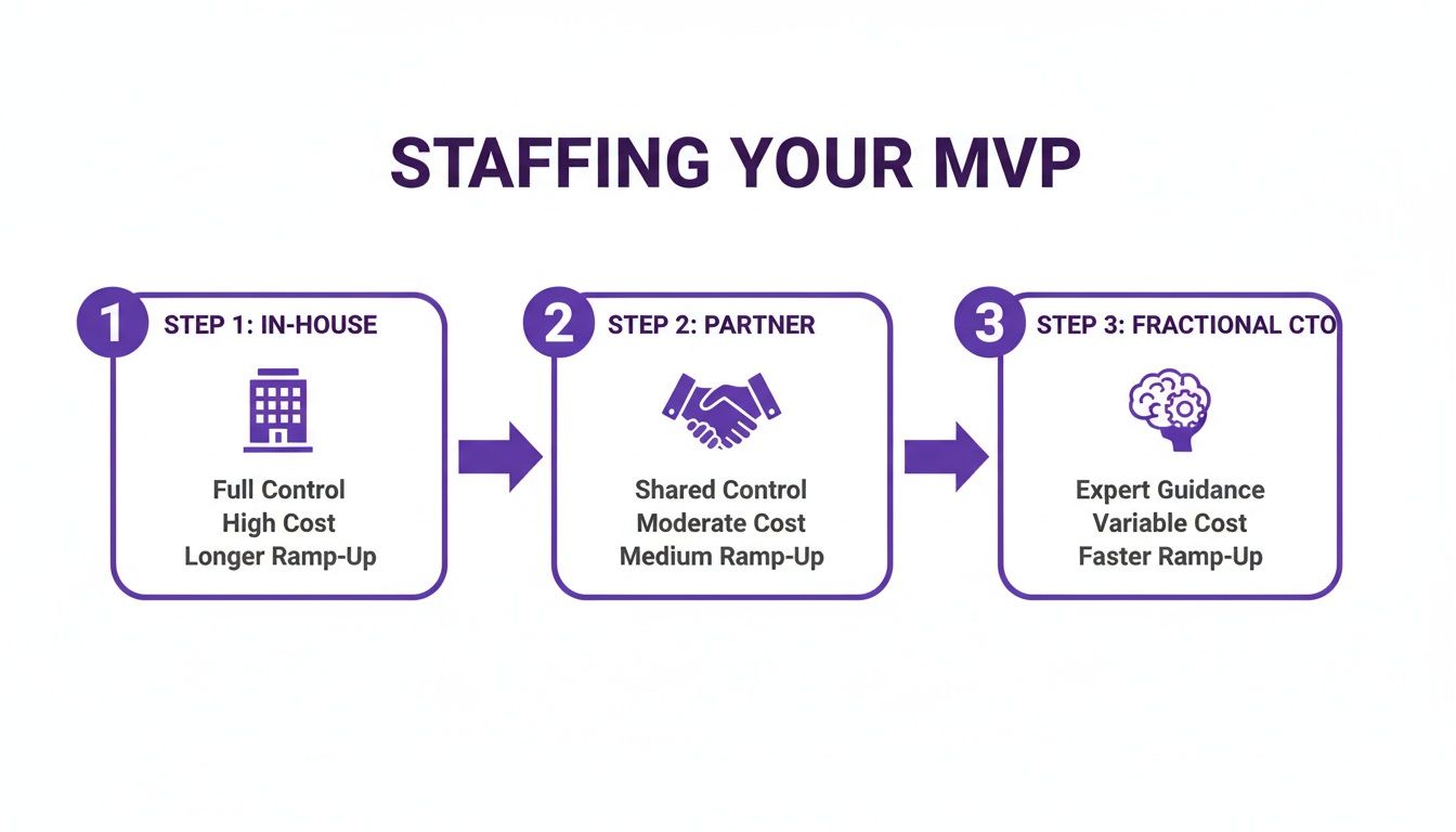 Diagram illustrating three strategies for staffing your MVP: In-House, Partner, and Fractional CTO.