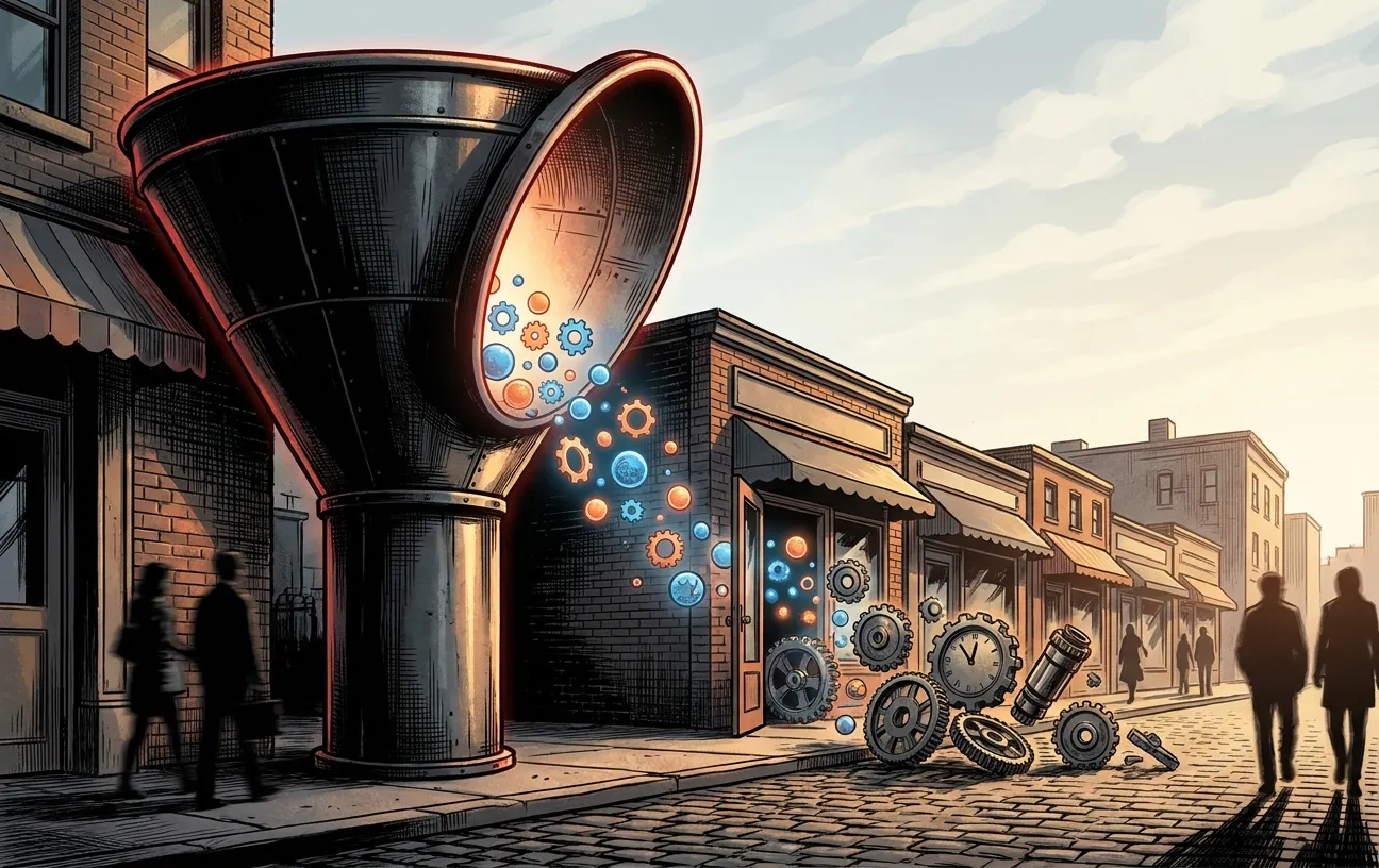 Futuristic digital funnel in city, representing RockN' Socials Digital Marketing.