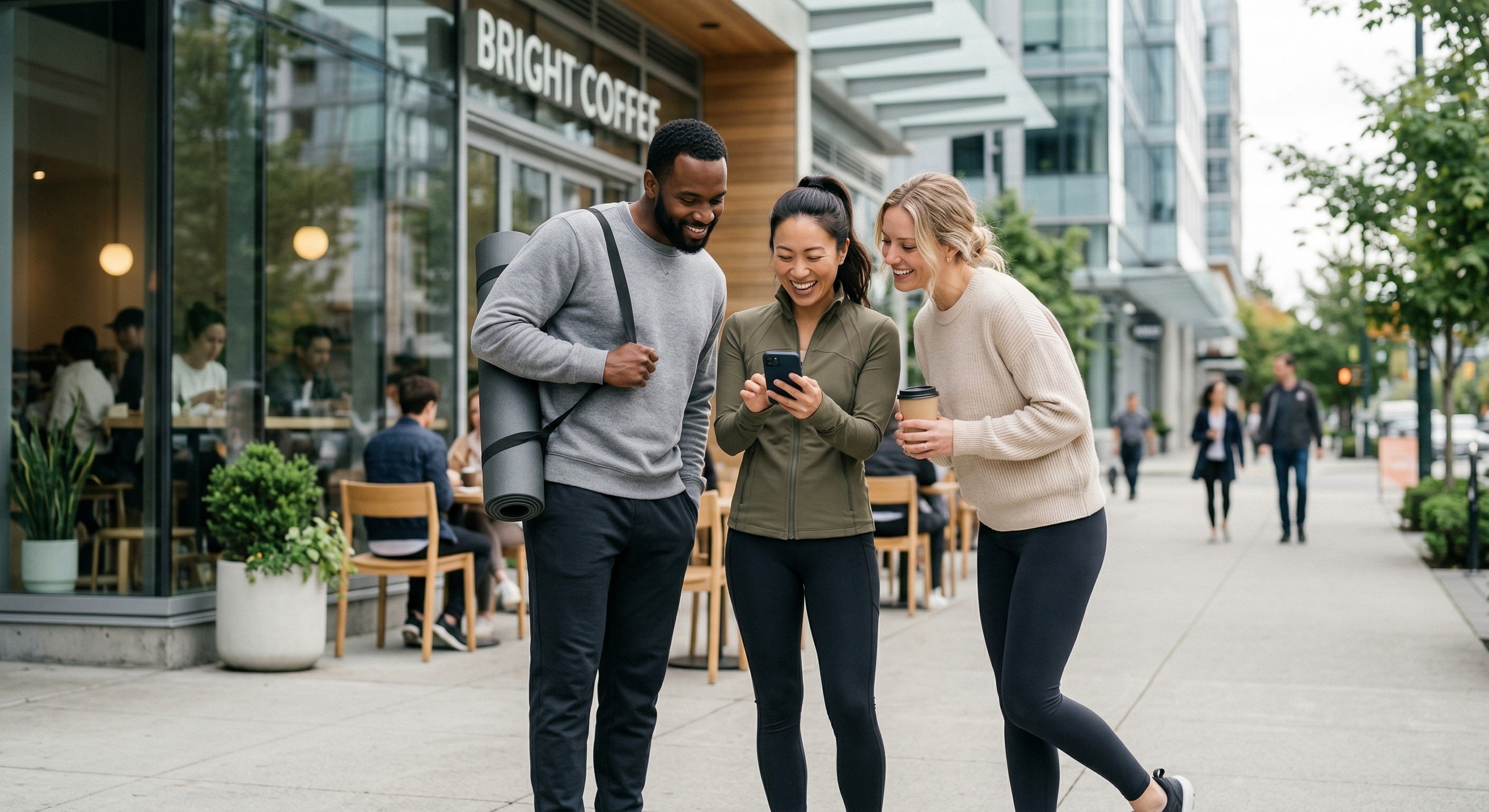 woman holding a phone and man looking at the phone. both are smiling
