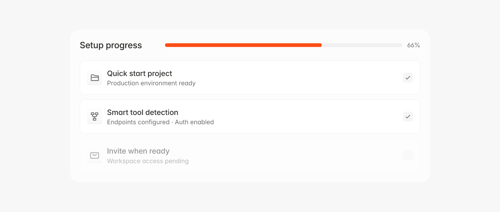 Setup progress bar showing "Quick start project" complete, "Smart tool detection" complete, and "Notify when ready" pending.