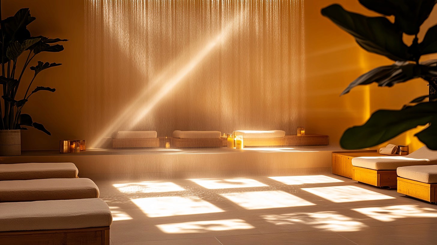 A woman lying down on a soft surface with her eyes closed, bathed in warm sunlight filtering through leaves. Her face has a natural glow, reflecting relaxation and tranquility in a serene spa-like setting.