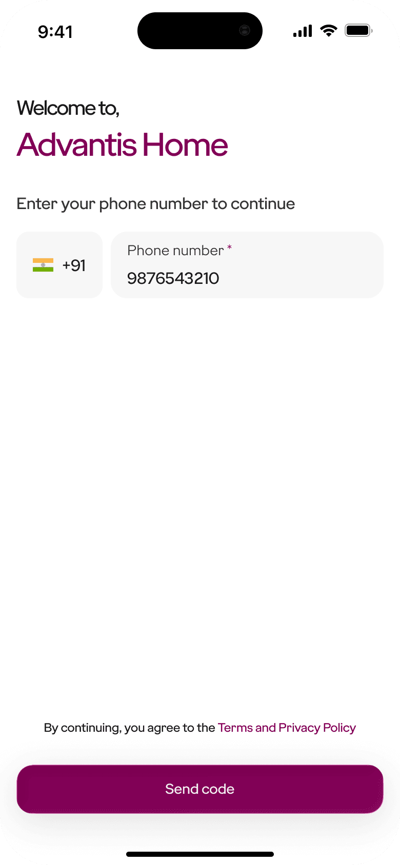 Godrej onboarding v3 exploration: phone number entered with Send code active