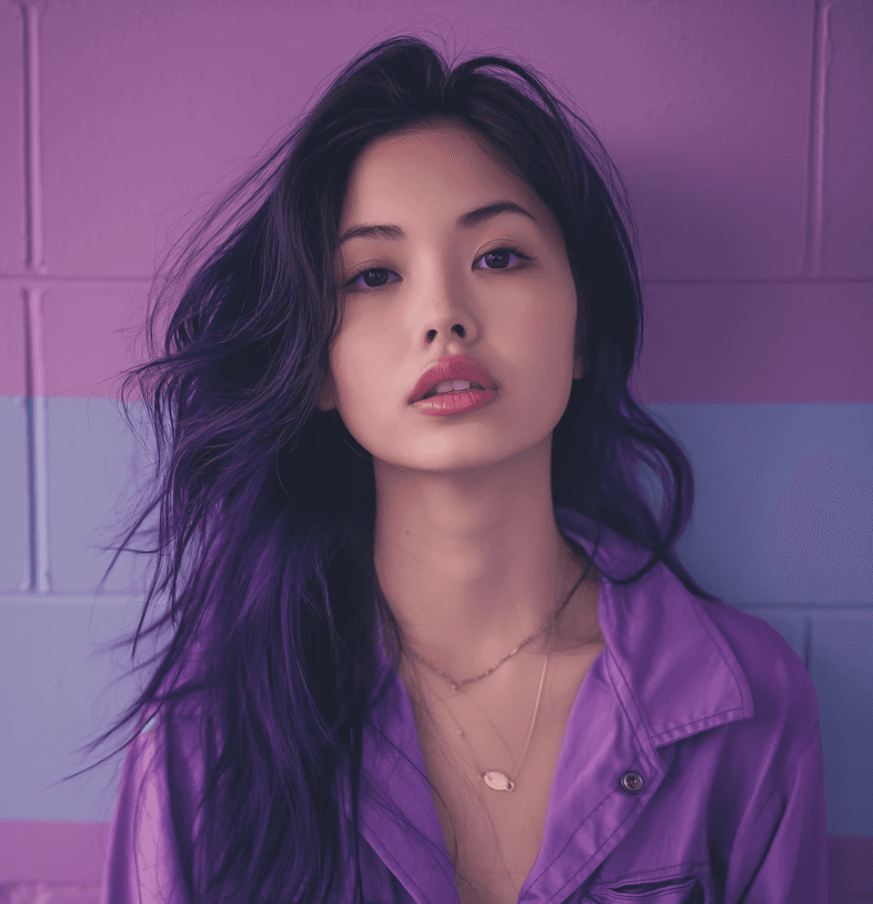 Asian woman with long dark hair in a purple shirt against a matching wall, exuding confidence and elegance.