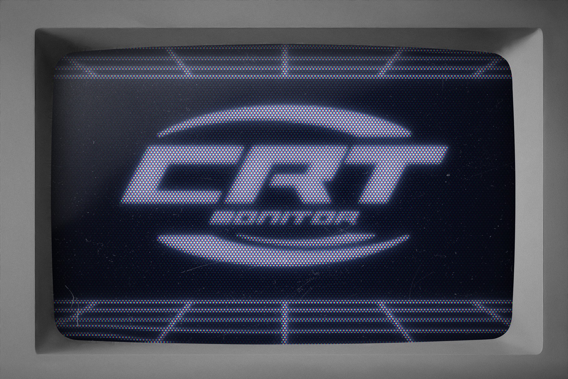 Retro CRT Monitor Mockup featuring a glowing blue logo with realistic screen curvature and pixel grid texture