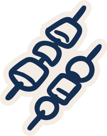 Icon of skewers with pieces of food, representing grilling or barbecuing.