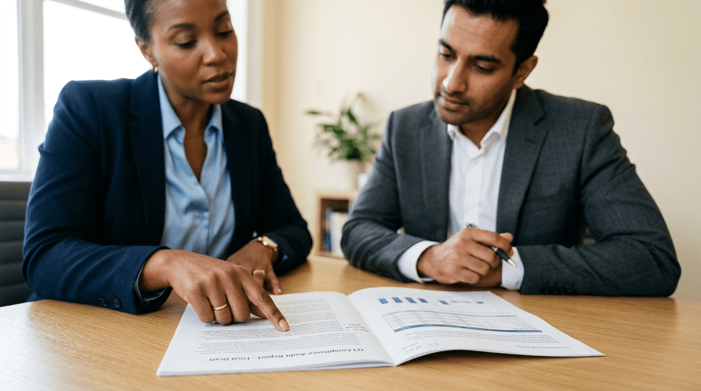 Two pharmaceutical compliance professionals in a brief document review discussion, representing collaborative regulatory MLR review before AI-assisted screening