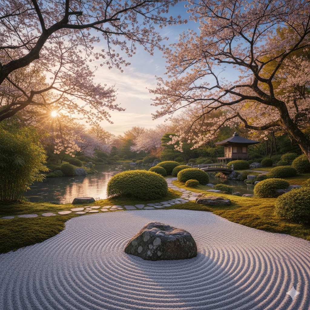 Smart World Sector 111 Gurugram Zen garden with serene rock, sand, and flowering trees for retreat.