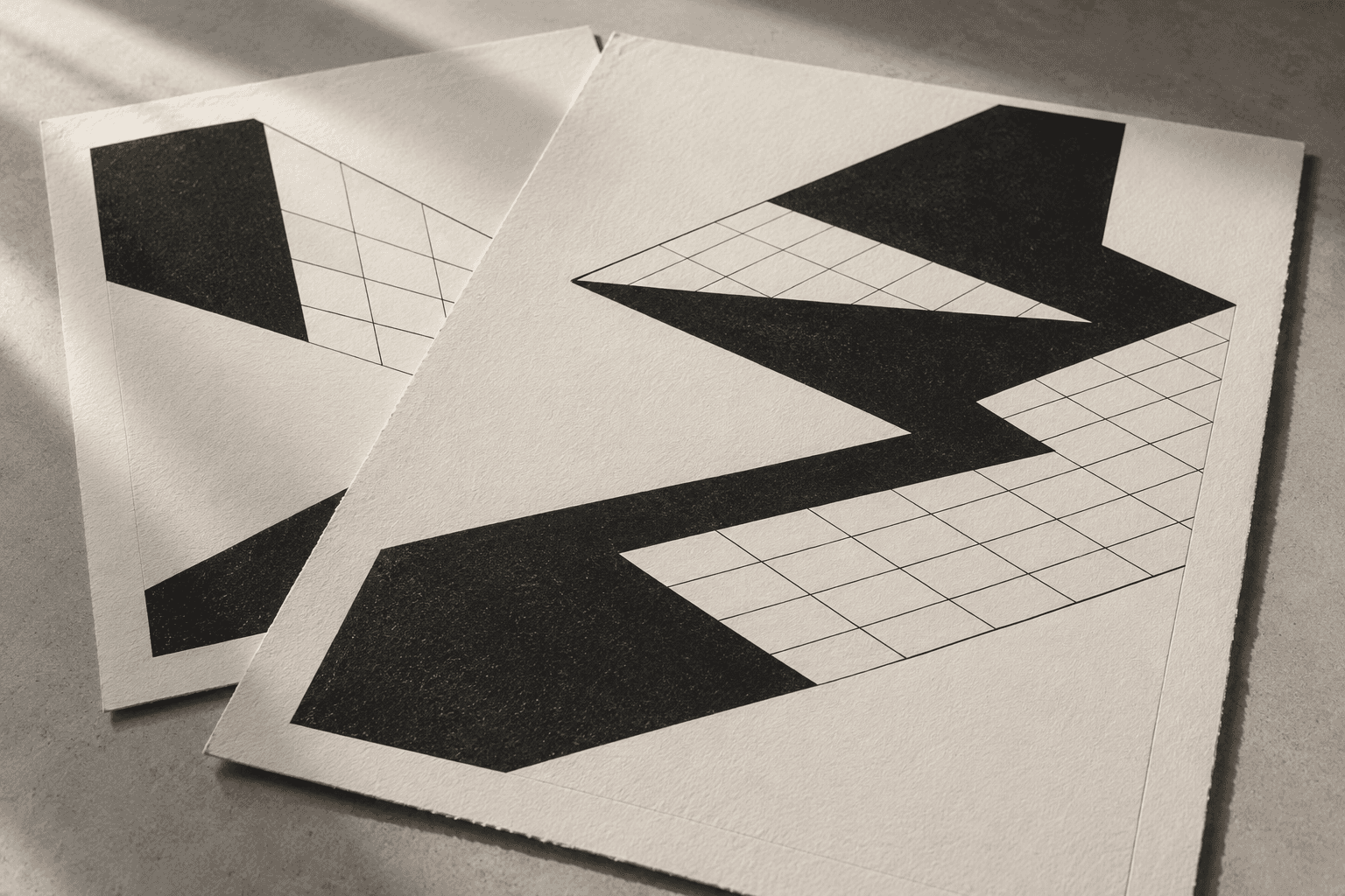 Original fictional graphic print with copper and black curved forms on warm white paper.