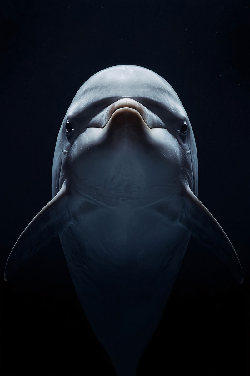 A dolphin gracefully illuminated underwater, showcasing its smooth gray skin and serene expression against a deep blue background.