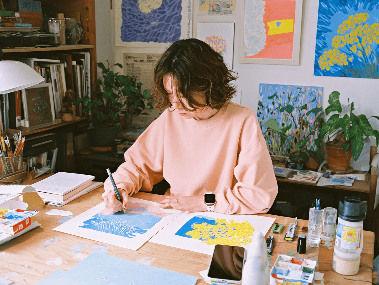 A person in a peach sweater wearing a smartwatch and finishing creative work in a plant-filled studio