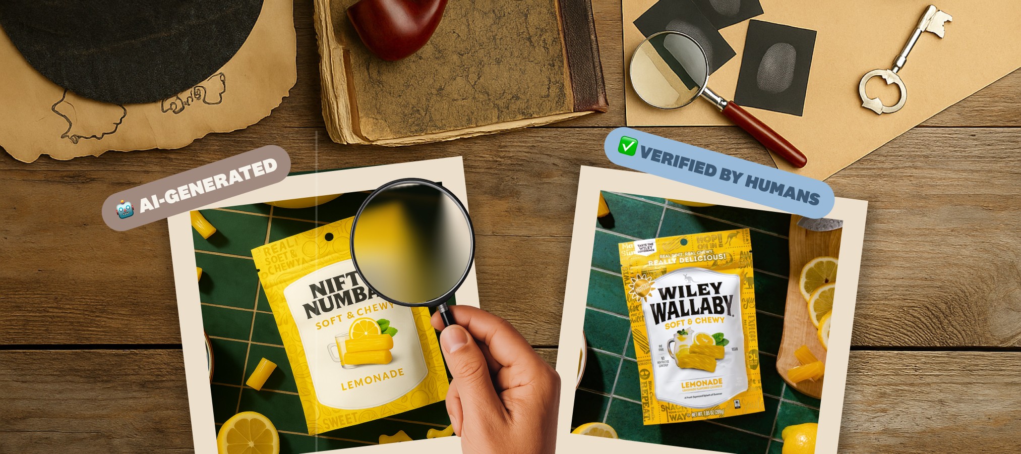 Side-by-side comparison of AI-generated candy packaging and real product photography, shown through a magnifying glass to highlight visual differences