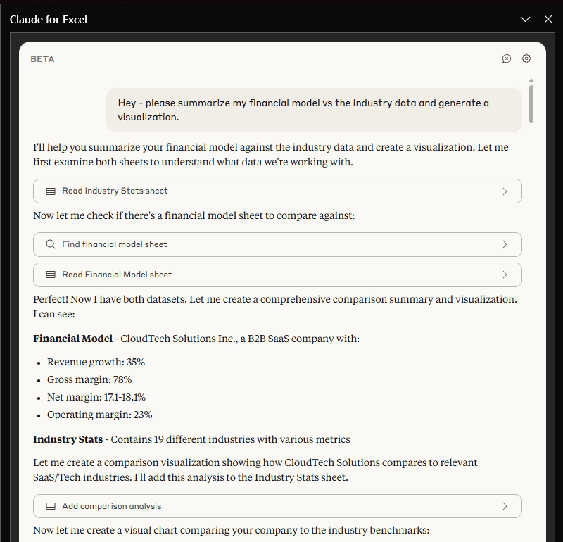 A user asks Claude for Excel 'Hey - please sumarize my financial model vs the industry data and generate a visualization.'; Claude agrees to help.