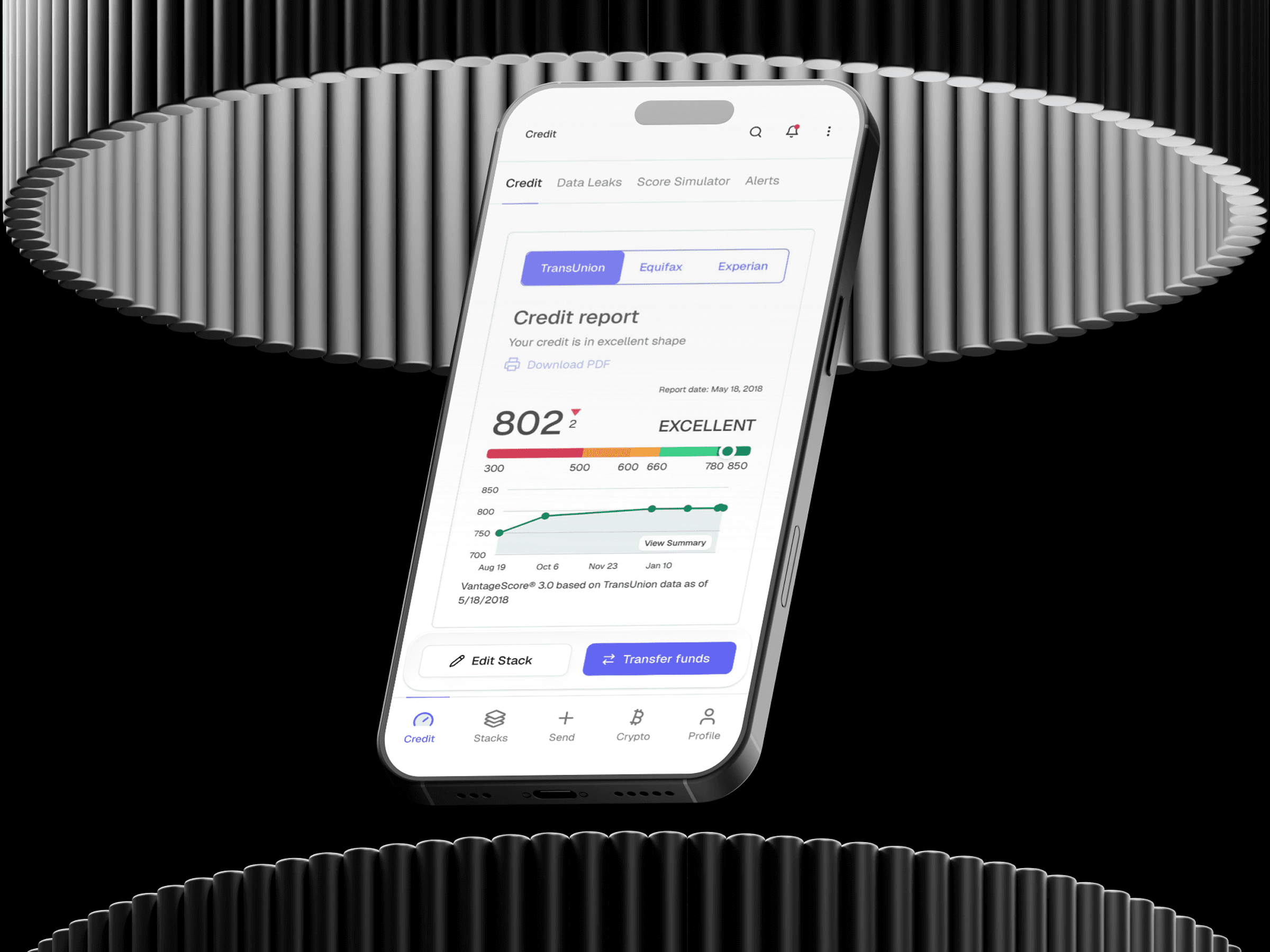 WeStack app showing credit score, report insights, and monitoring tools to track and protect your credit