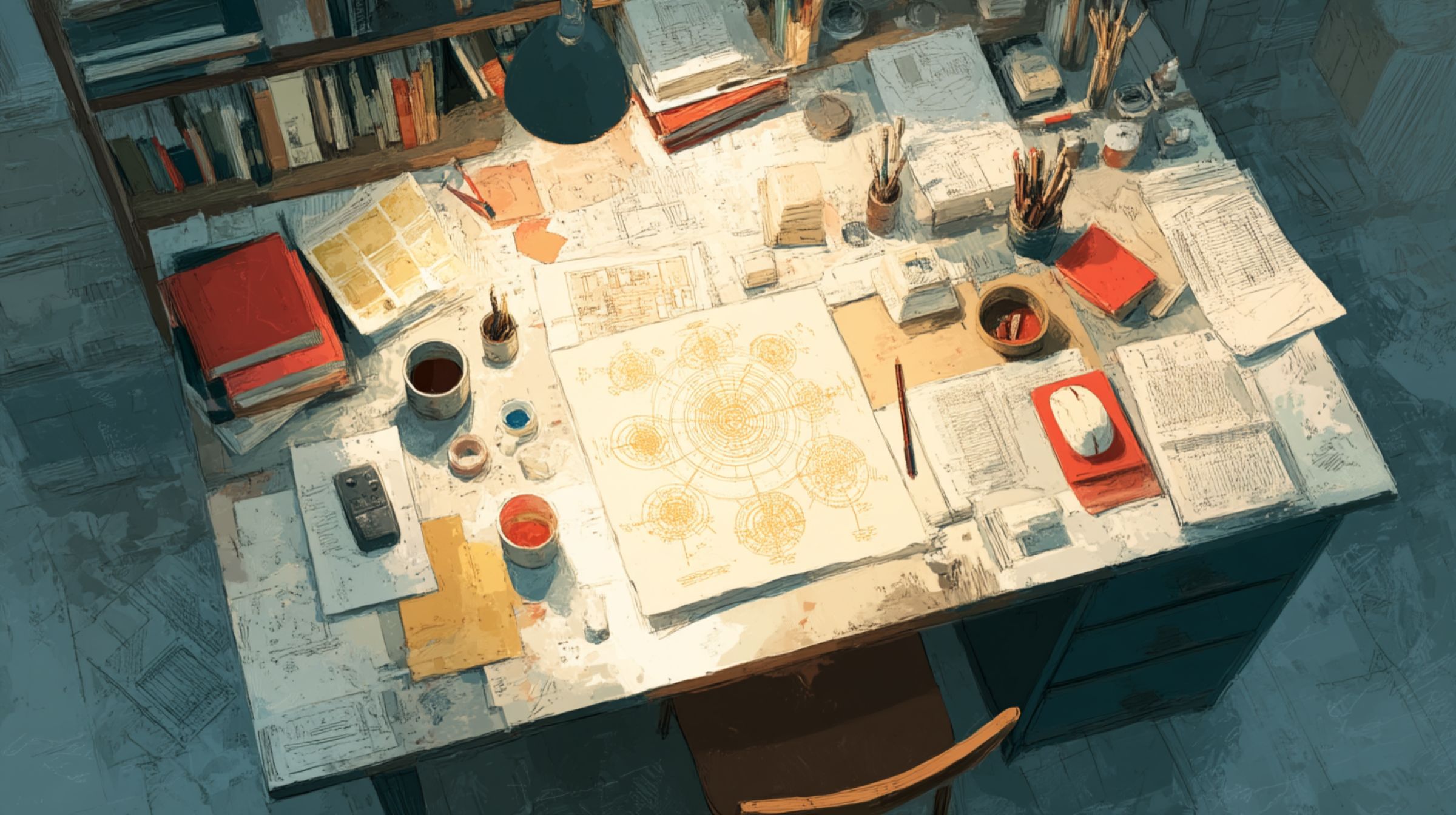 An artist’s desk covered in sketches, books, and paint jars with a glowing circular diagram in the center, symbolizing stories turning into systems.