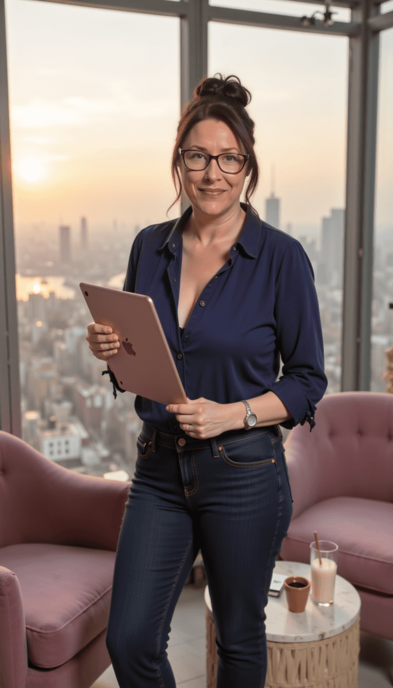 Businesswoman holding tablet in modern office lounge with city skyline view at sunset.