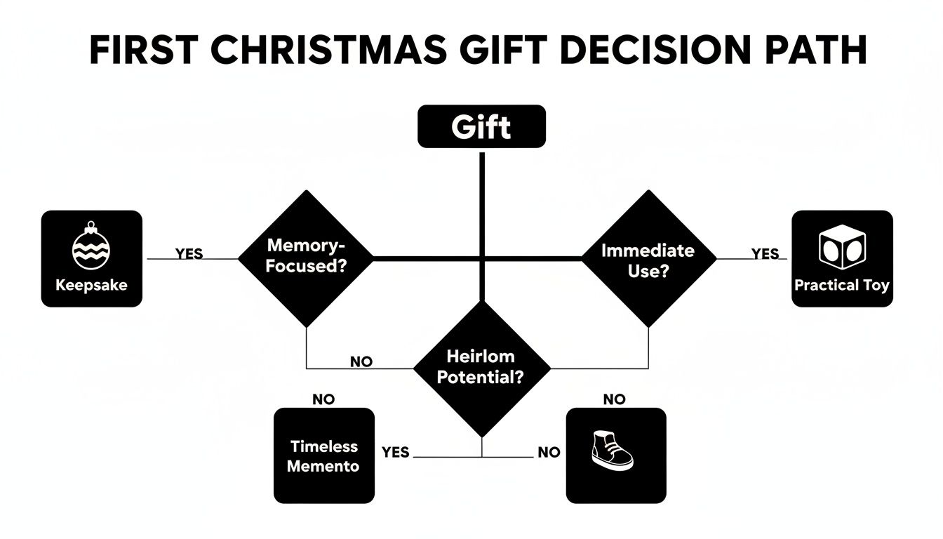 Flowchart illustrating first Christmas gift choices based on memory, immediate use, and heirloom potential.