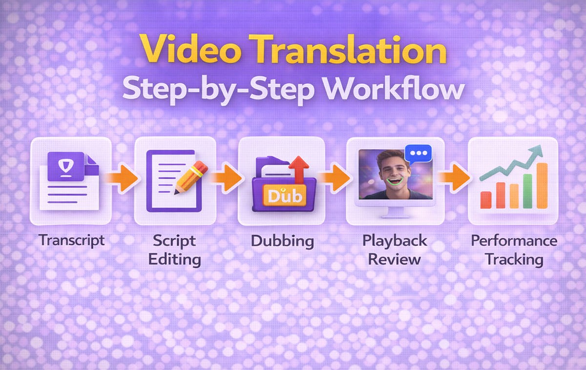 Video translation step-by-step workflow including transcript creation, script editing, dubbing, playback review, and performance tracking