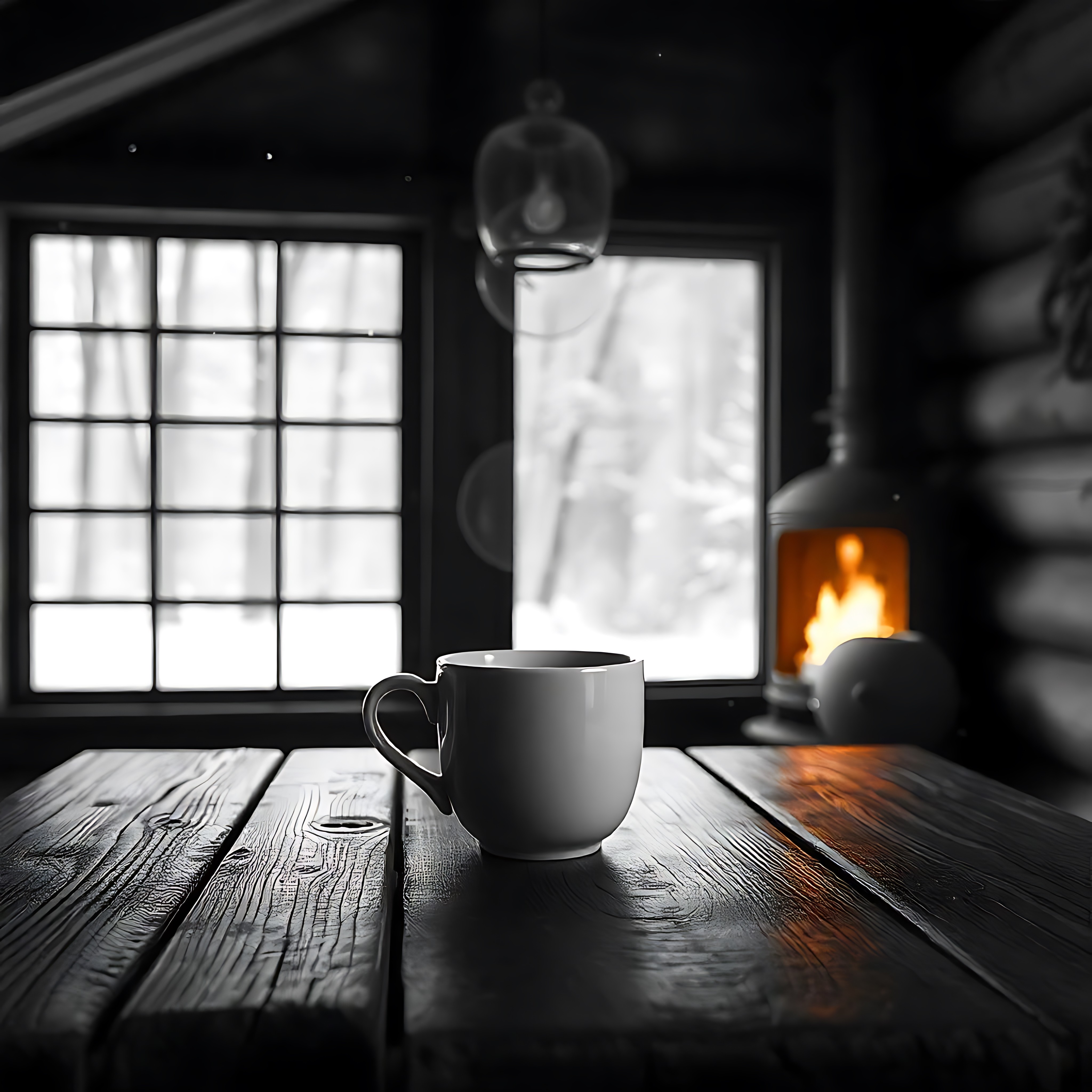 Coffee cup on a table next to a glowing fireplace.