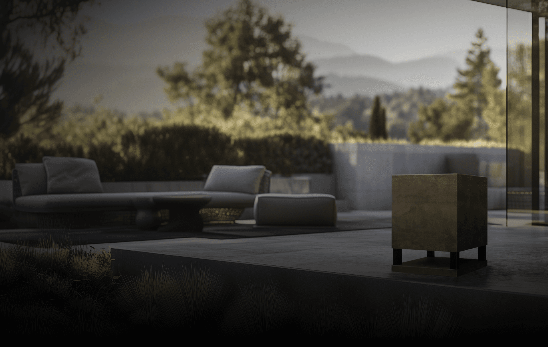 Modern outdoor seating and cube sculpture